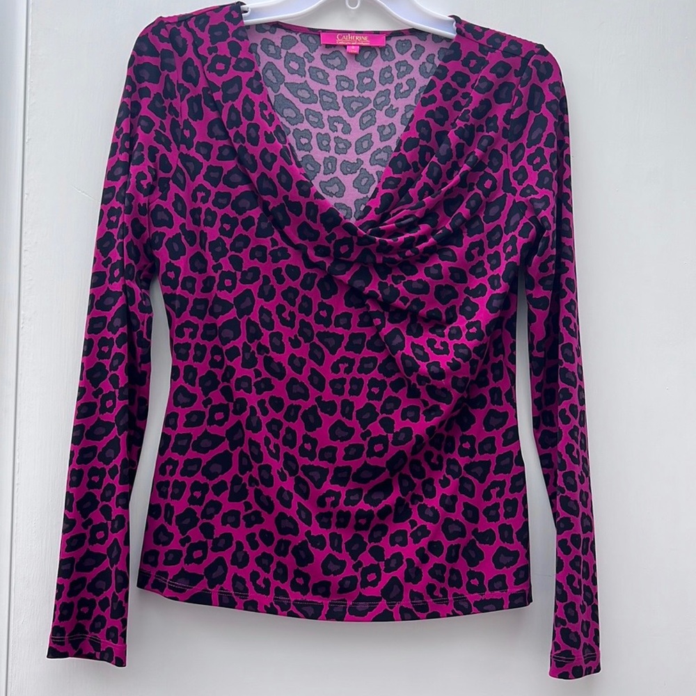 Catherine Maladrino Purple Leopard Cowl Neck Stretchy Long Sleeve Top Blouse